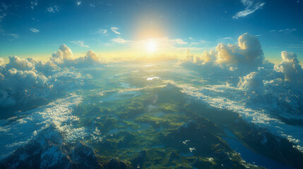 A surreal aerial view of a vast landscape with rolling mountains, lush greenery, and a bright sun rising above the horizon, illuminating the sky with golden hues