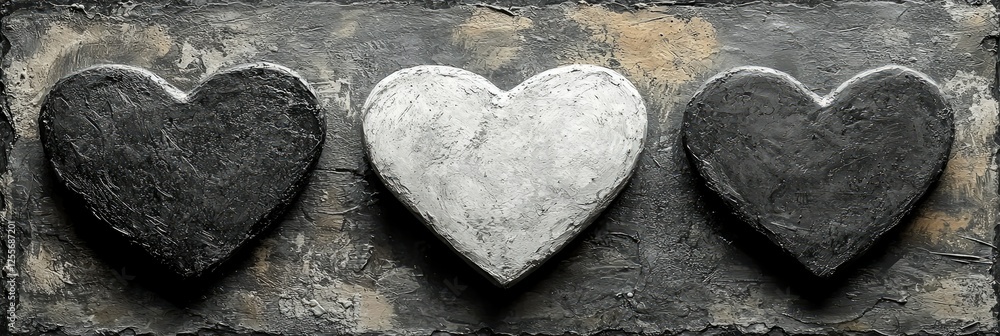 Poster three textured hearts in grayscale on a canvas