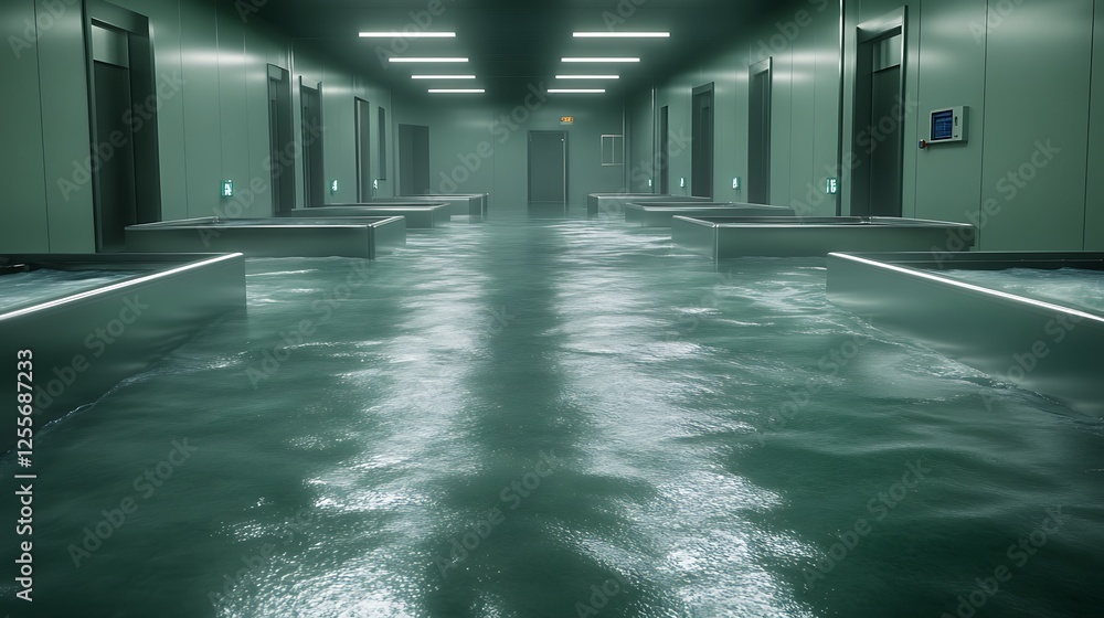 Poster a dimly lit corridor flooded with water, featuring multiple doors and a futuristic aesthetic, creati