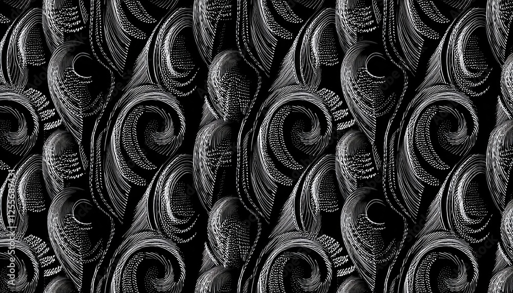 Poster abstract black and white swirling wave pattern, dynamic flowing lines, circular and curved texture for textile or wallpaper design