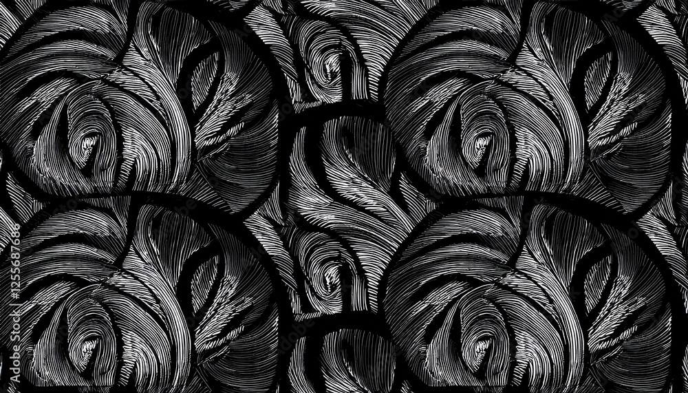 Poster abstract black and white swirling wave pattern, dynamic flowing lines, circular and curved texture for textile or wallpaper design