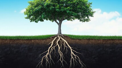 Obraz premium A tree with deep roots and expansive branches, representing strong foundational leadership and growth