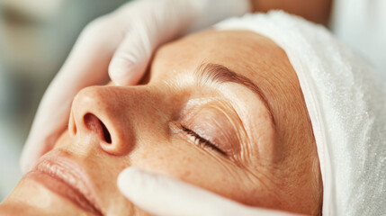 Gloved hands gently massaging the face of a mature woman, enjoying a relaxing facial treatment at a beauty spa, embodying wellness and rejuvenation in a serene atmosphere