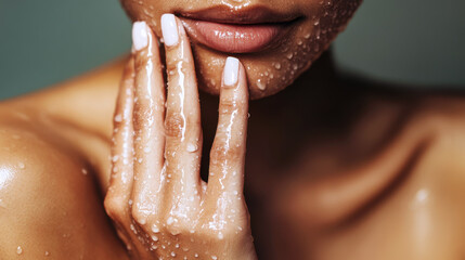 Close-up of a woman's face and hand adorned with glistening water droplets, emphasizing skincare, beauty, and hydration for a fresh, radiant appearance