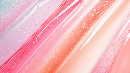 Colorful diagonal smears of lip gloss in various shades of pink, coral, and light blue, creating a vibrant and textured abstract background for beauty and cosmetic concepts
