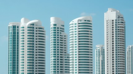 Obraz premium Modern Urban Architecture with Sleek High-Rise Buildings and Clear Blue Sky in a Cityscape Setting for Real Estate, Travel, and Business Use