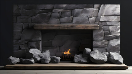Cozy Rustic Stone Fireplace with Wooden Mantel and Burning Fire