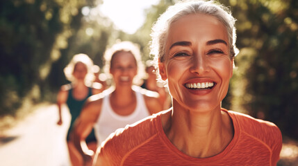 Senior woman leading a group of athletes running outdoors in a park, she is smiling and enjoying her workout, promoting a healthy lifestyle and wellness for mature people