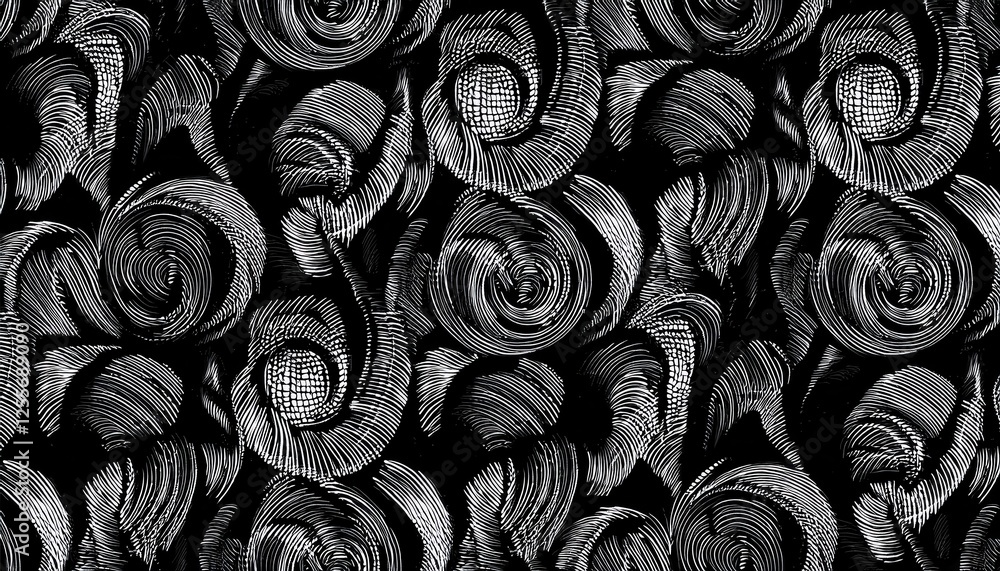 Poster abstract black and white swirling wave pattern, dynamic flowing lines, circular and curved texture for textile or wallpaper design