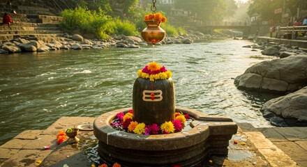 offering hindu puja to Shivlinga or shivlingam at bank of river, Jalabhishek or Rudrabhishek of Lord Shiva, with water, Ganges water, Hindu religion festival maha shivratri concept 