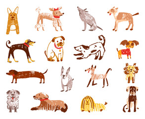 Fototapeta premium Children style drawing dogs. Colored pencil dog, crayon stylish animals. Childish hand drawn terrier bulldog poodle puppy. Isolated neoteric vector characters