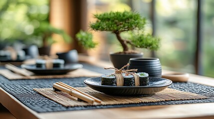 Fototapeta premium A peaceful table setting with sushi on black ceramic plates, bamboo mats, chopsticks tied with twine, and a decorative bonsai centerpiece, soft natural lighting enhancing the aesthetic balance,
