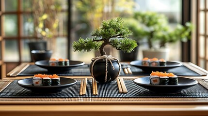 Fototapeta premium A peaceful table setting with sushi on black ceramic plates, bamboo mats, chopsticks tied with twine, and a decorative bonsai centerpiece, soft natural lighting enhancing the aesthetic balance,