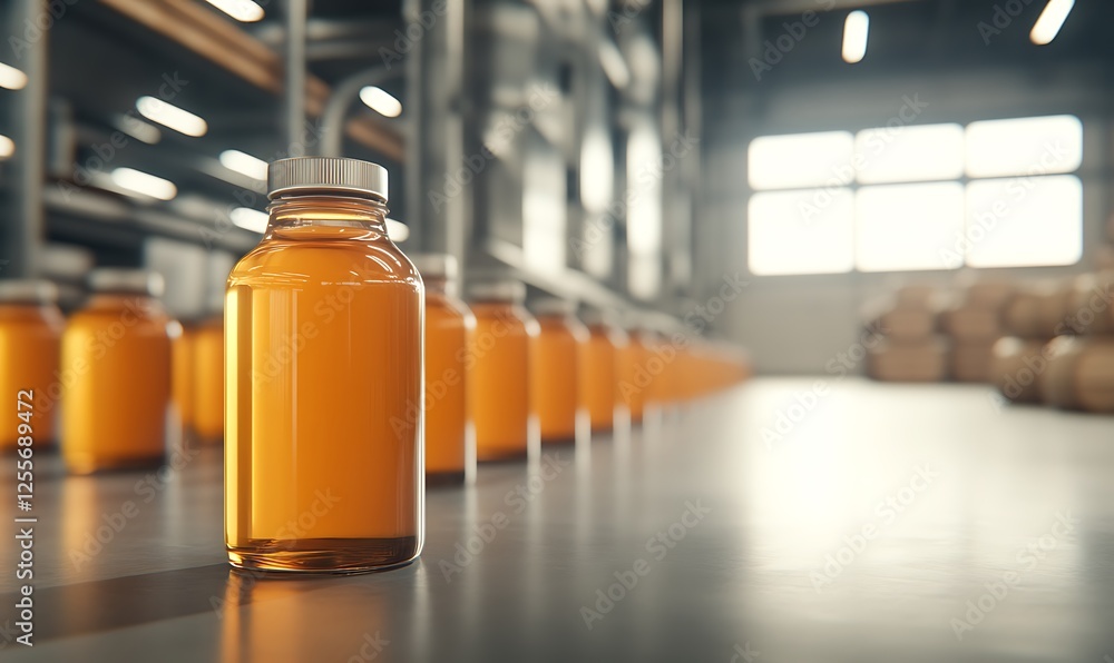 Poster a focused image of an orange bottle in a factory setting, surrounded by similar bottles, showcasing 