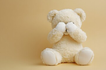 A teddy bear, seated and covering its eyes, sysmbolizing upset and scared 