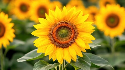 Fototapeta premium Aerial shot of a sunflower field forming a vibrant yellow mosaic, illustrating large-scale cultivation of oilseed crops.