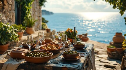 Fototapeta premium A picturesque Mediterranean dining table set with clay dishes, green olives, fresh bread, and crystal-clear wine glasses, bathed in sunlight, and set on a stone terrace overlooking the sea,