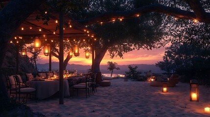 A picturesque outdoor dining setup under a canopy of trees, warm orange and pink hues of sunset casting a glow on soft linens, candles flickering gently, and cozy seating, nature-inspired tranquility.