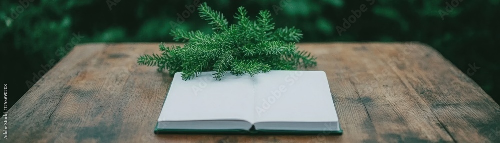 Poster open blank notebook on rustic wooden table surrounded by greenery with natural outdoor light creatin