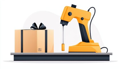 Modern Robotic Arm with Gift Box and Ribbon in Minimalist Style