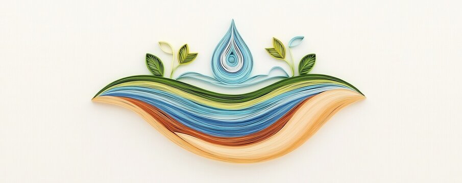 Paper quilling water conservation theme World Water Day concept. Colorful decorative design with water and leaves motif
