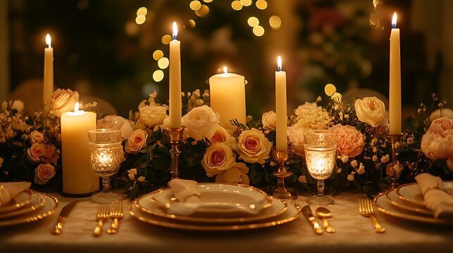 A refined dining table illuminated by candlelight, featuring soft linen napkins, vintage-style plates, and golden cutlery, surrounded by warm glowing ambiance and elegant floral decor,