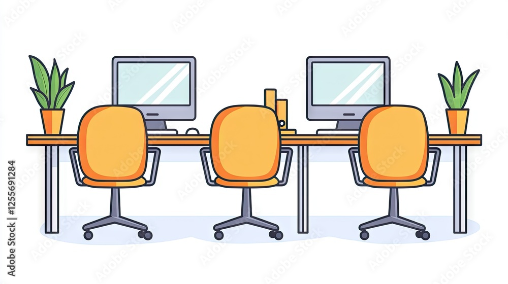 Poster modern office workspace with two computers and chairs