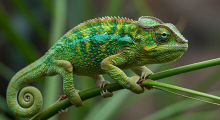Obraz premium Green Chameleon on Branch Close-up