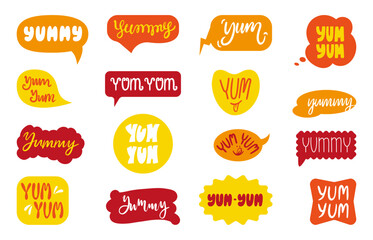 Yummy speech bubbles. Yum yum lettering, handwritten decorative stickers design. Graphic for menu, cafe bar website, food package, neoteric vector set