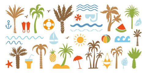 Doodle palms and beach elements. Groovy style graphic signs. Palm silhouettes, ocean sea waves, cocktail and sun. Summer vacation neoteric vector set