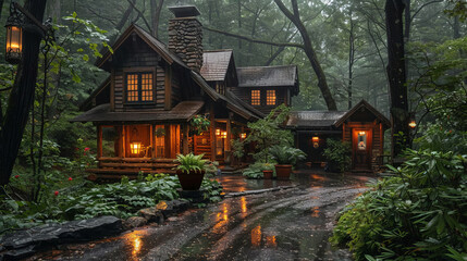 Obraz premium Cozy Log Cabin in Lush Forest After Rain Illuminated Windows Romantic Ambiance