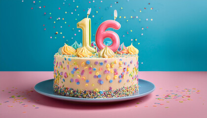 sixteenth yr birthday cake on isolated colorful pastel history