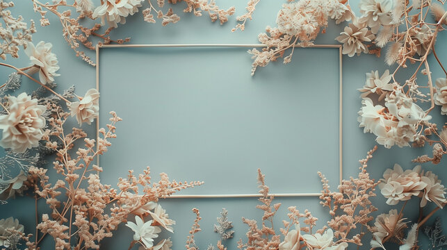 rectangular frame dried flowers beige leaves light blue background muted pastels symmetrical composition