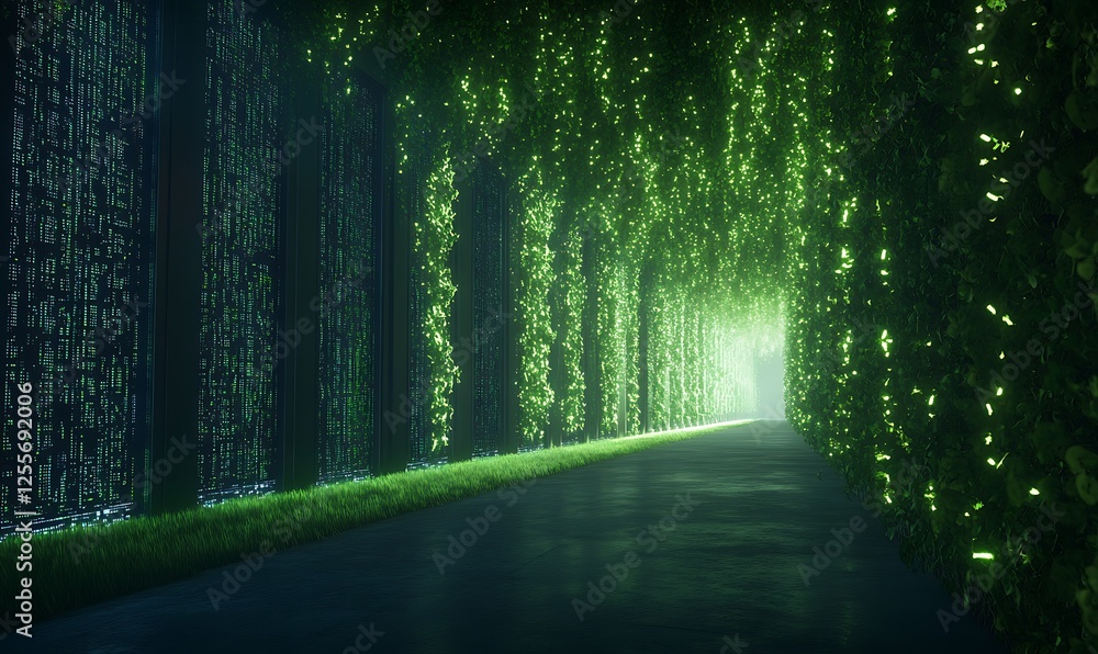 Leinwandbilder a serene, illuminated path lined with green foliage, leading to a bright, inviting light at the end,