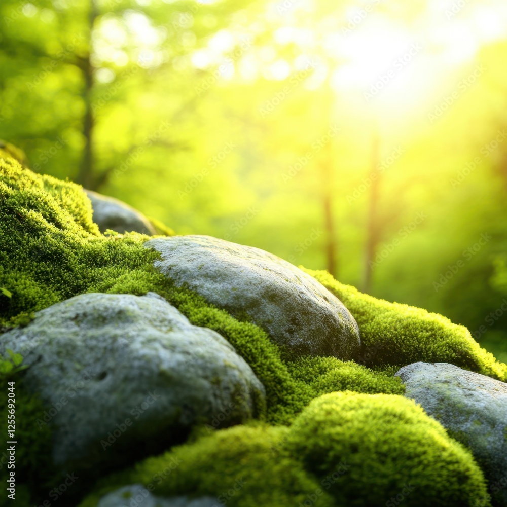 Poster tranquil natural scene with sunlight filtering through lush green trees glimmering on smooth stones 