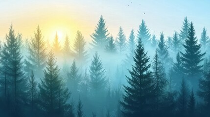 sunset or sunrise in the forest, where soft sunlight peeks through the trees