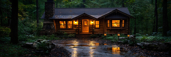 Cozy Log Cabin in the Woods at Night Illuminated Windows Rainy Driveway