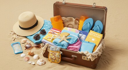 Packing Vintage Suitcase for Beach Vacation with Travel Essentials on Sand