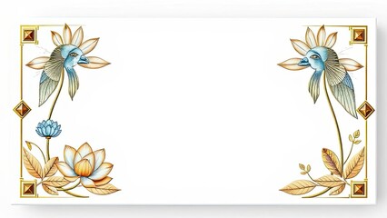 Obraz premium Elegant Bird Floral Design White Background Gold Frame Art Deco Nature Botanical Illustration