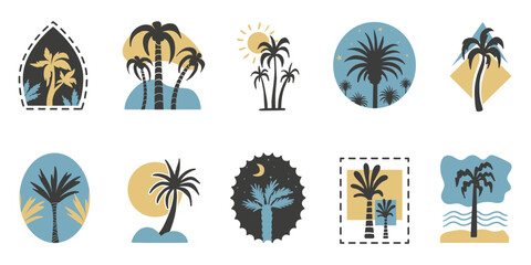 Palms boho style. Summer banners with doodle palm tree, sun and stars. Aesthetic elements, labels or stickers groovy design, neoteric vector set © MicroOne