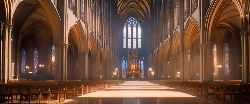 walks inside a vast, dimly lit gothic cathedral, with towering stone arches and intricate stained glass windows casting colorful patterns on the cold stone floor