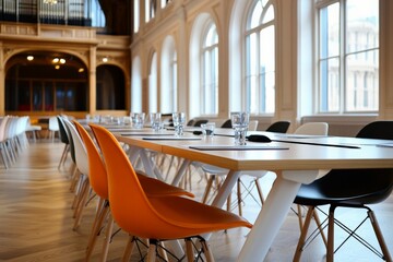 Naklejka premium Modern meeting space with elegant design featuring wooden tables and colorful chairs during daylight hours