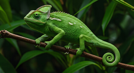 Fototapeta premium Green Chameleon on Branch in Jungle Foliage