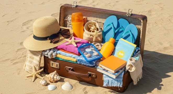 Packing Suitcase for Beach Vacation with Hat and Summer Essentials - Powered by Adobe