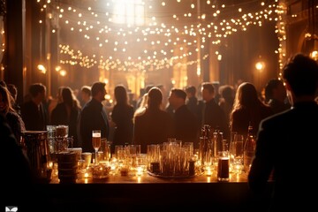 Elegant evening event with guests mingling in a beautifully lit venue filled with warm lights