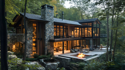 Luxury Modern Stone House in the Forest, Dream Home Design