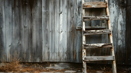A vintage wooden ladder leaning against an old barn with cracked and splintered edges.