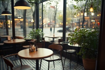 Obraz premium Cozy cafe interior on a rainy day with greenery and empty tables in an urban setting