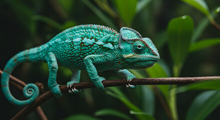 Obraz premium Turquoise Chameleon on Branch in Green Leaves
