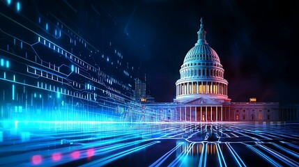 financial data, government building. A vibrant digital visualization of a historic building, showcasing a blend of technology and architecture against a dark backdrop.